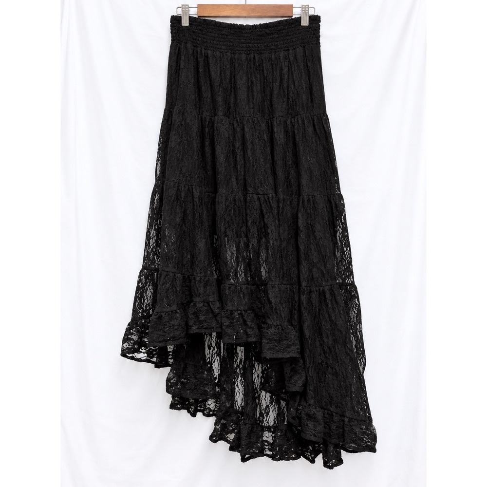 Wild Moss Black Lace Maxi Skirt L Tiered Ruffle Asymmetrical High Low Boho